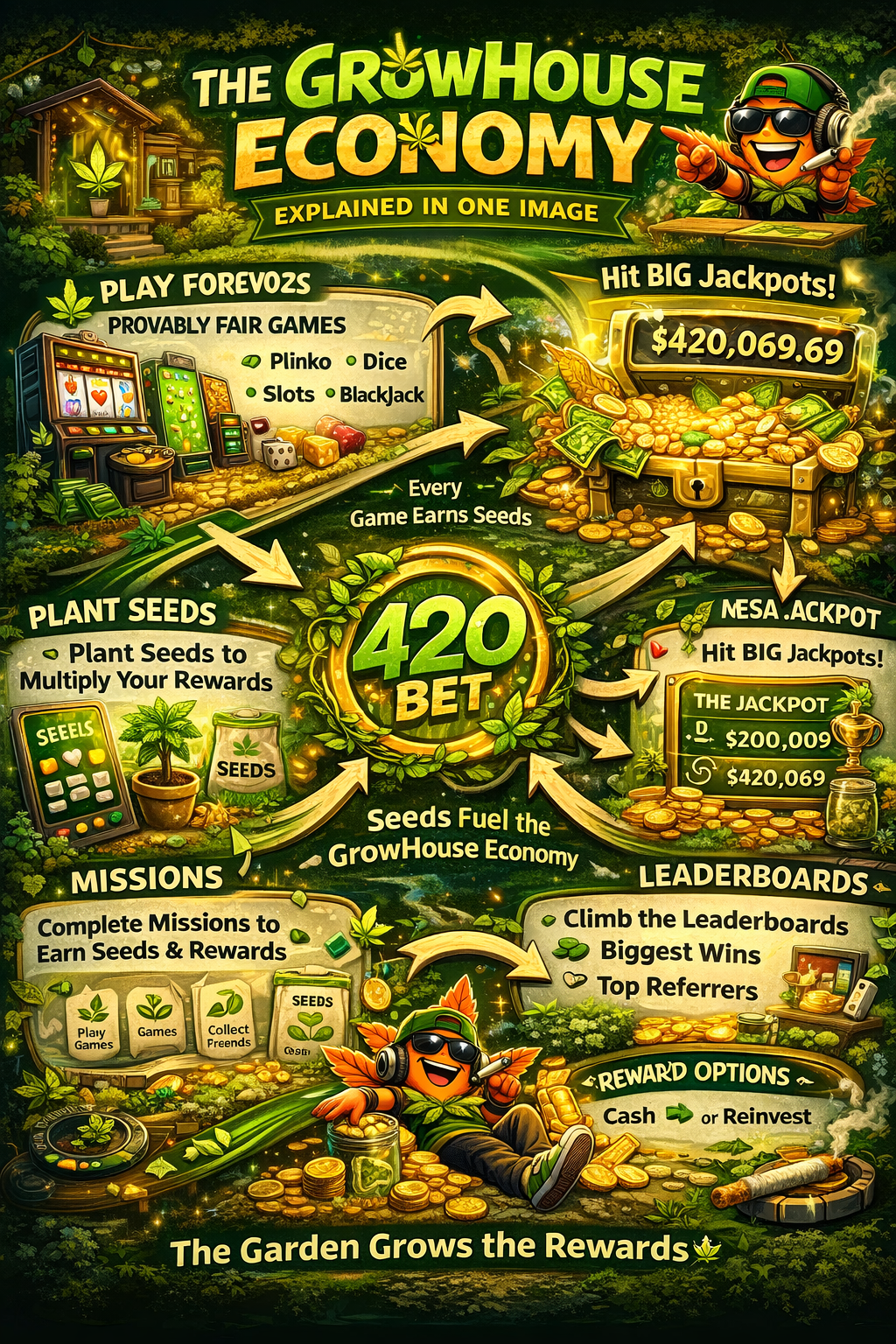 Infographic showing the GrowHouse economy with games, seeds, planting, jackpots, missions, and rewards.