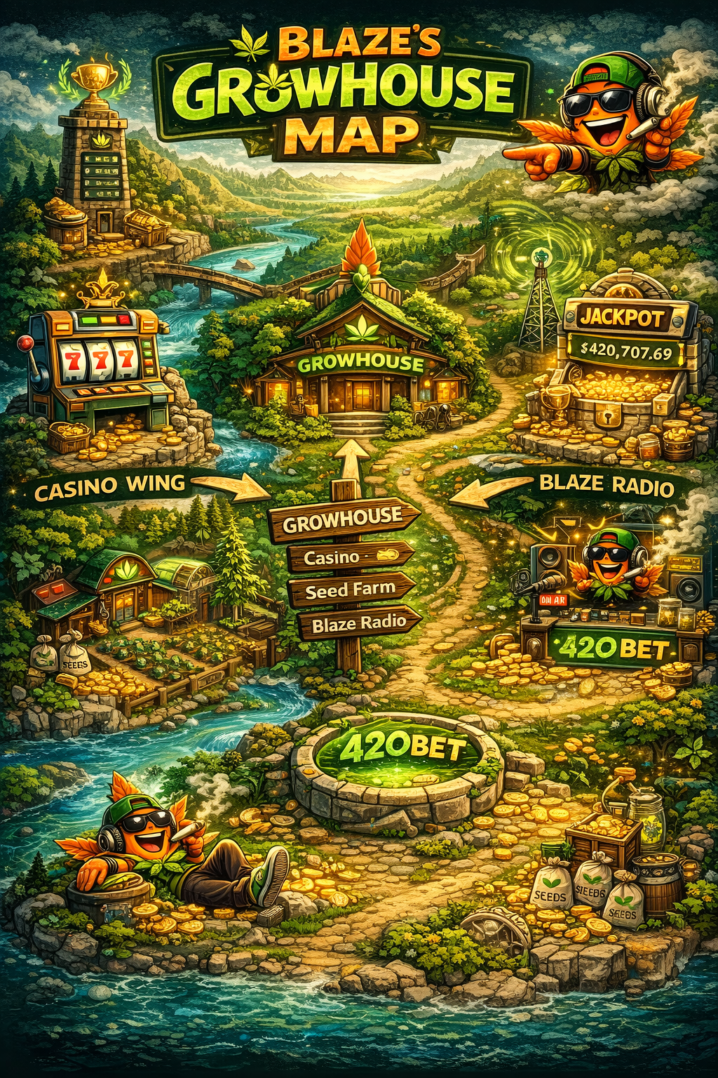 GrowHouse Island map showing the districts that the cinematic landing system introduces.